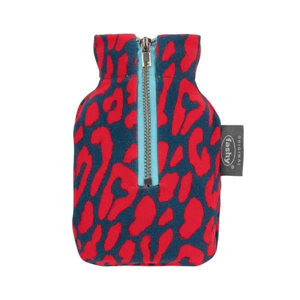 Red and blue leopard print Fashy 0.3L hot water bottle cover with zipper