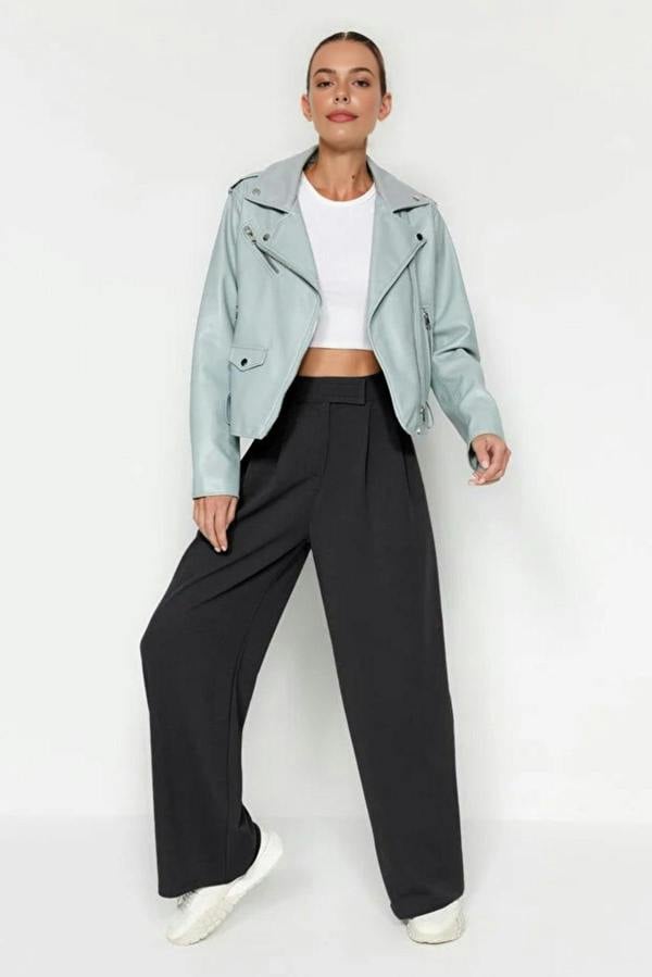 WOVCOR High Waist Pleated Wide Leg Trousers with Velcro Closure