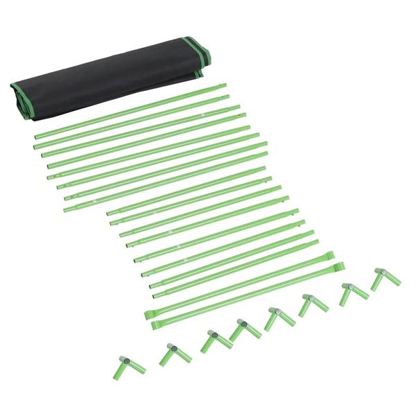 Rolled black cover with green trim and multiple green support rods with clips.