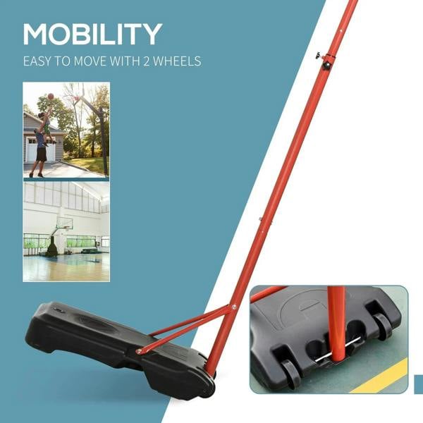 Portable basketball hoop stand with two wheels and black base platform