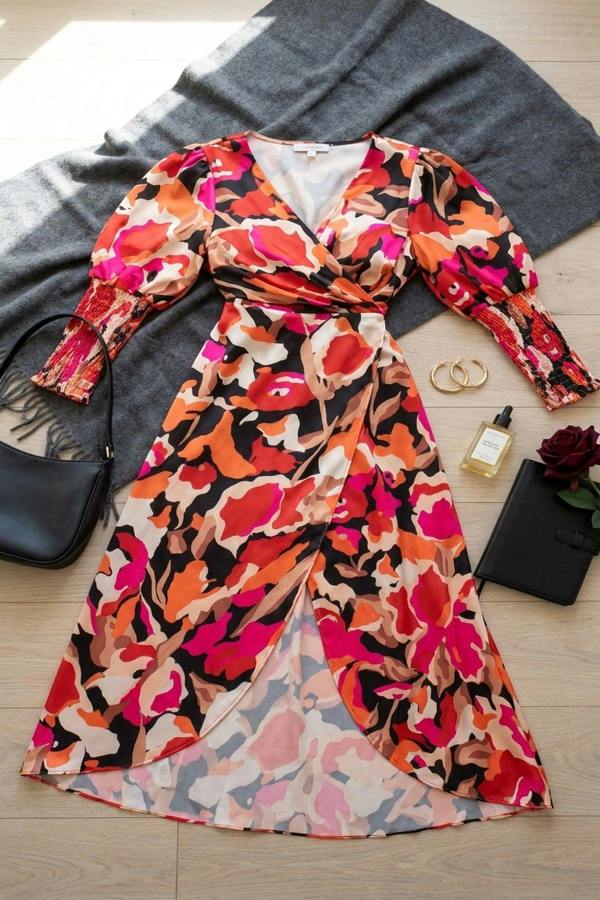 Haniya Wrap Front Printed Midi Dress - Black