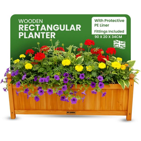 My Garden Outdoor Living My Garden Large Wooden Rectangular Planter with PE Liner - 90x20x34cm Weather Resistant Trough Planter for Outdoor Use