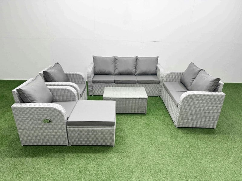 Fimous PE Rattan Garden Furniture Set Adjustable Chair Sofa Double Love Seat 2 Seater Sofa Lounge Set Oblong Coffee Table Big Footstool Light Grey