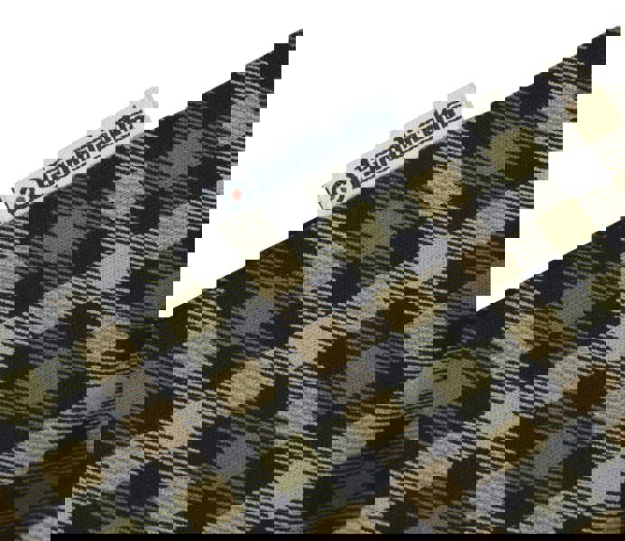 Lambretta Mens Check Classic Mod Ska Casual Smart Polo, detailed close-up of black and beige check pattern fabric with Lambretta brand label.