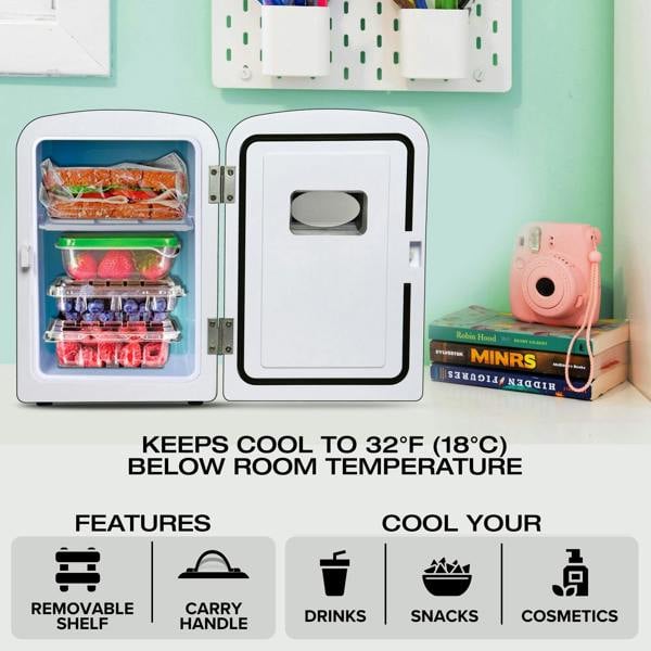 Koolatron 4L Mini Fridge For Bedrooms 6 Can Table Top 12V Portable Cooler Skincare Black