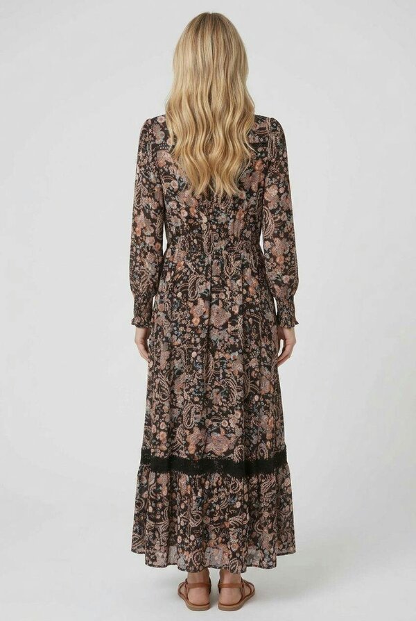 Izabel London Paisley Shirred Long Sleeve Maxi Dress