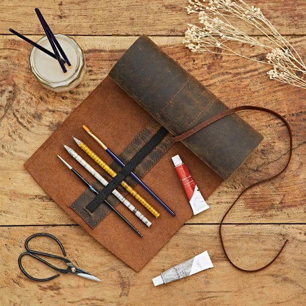 Brown leather roll up pencil case sustainable