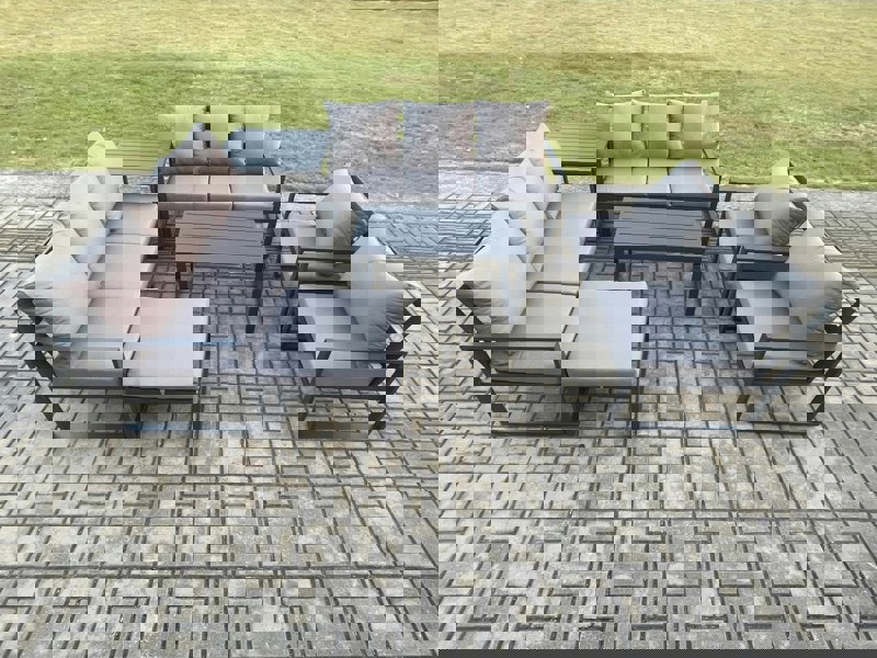 Fimous Aluminium Outdoor Garden Furniture Set 9 Seater Garden Sofa with Oblong Coffee Table Big Footstool Side Table Dark Grey