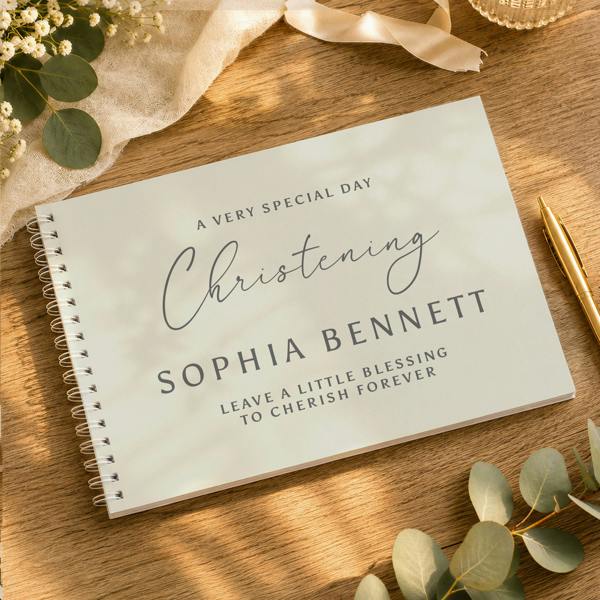 Personalised Christening Guest Book lying flat on a wooden table with foliage and gold pen, featuring custom Christening text by Abode Home & Gifts
