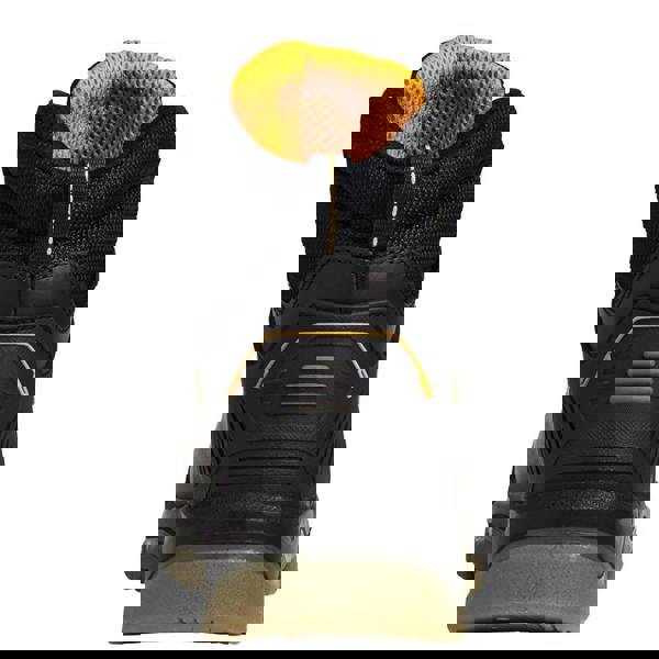 DeWalt Newark Mens SRA S3 Waterproof Safety Steel Toe Lace Up Boots, back view of black work boots with yellow interior lining and rugged outsole.