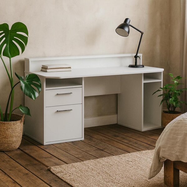 Wyld Haus Valencia White Gaming Desk with LED Strip Lighting and Storage Features