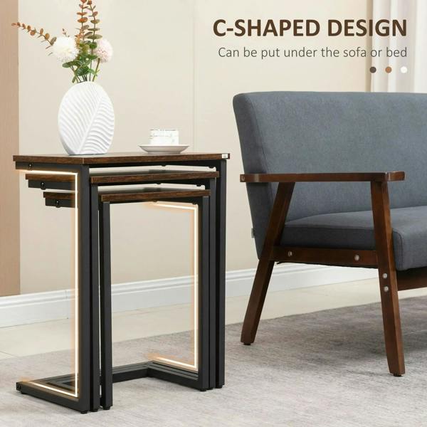 C-shaped side table with dark brown top and black steel frame