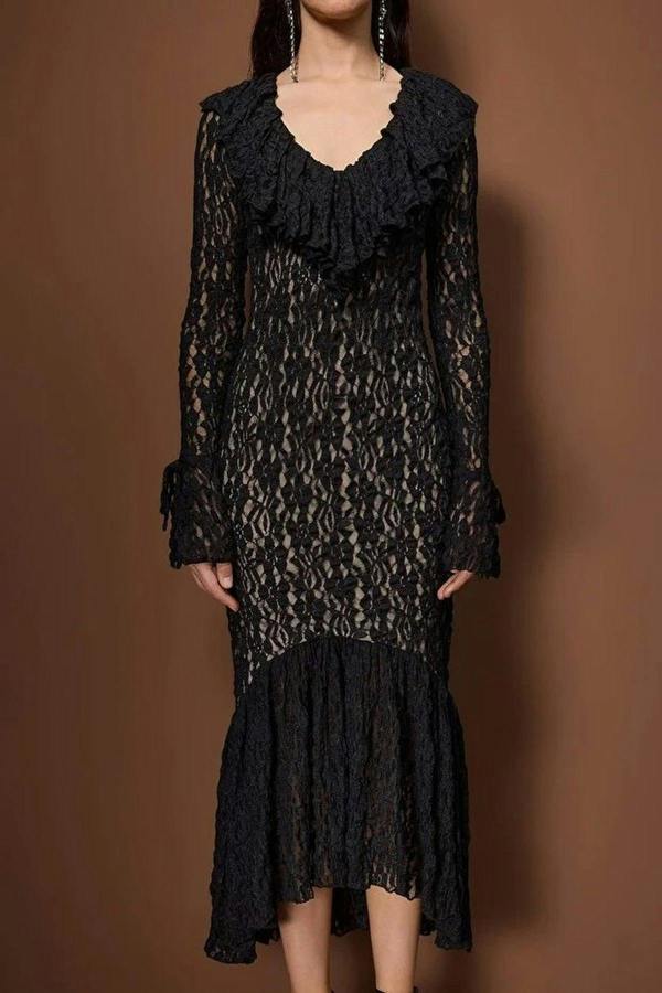 WOVCOR Lined Ruffled Lace Evening Dress