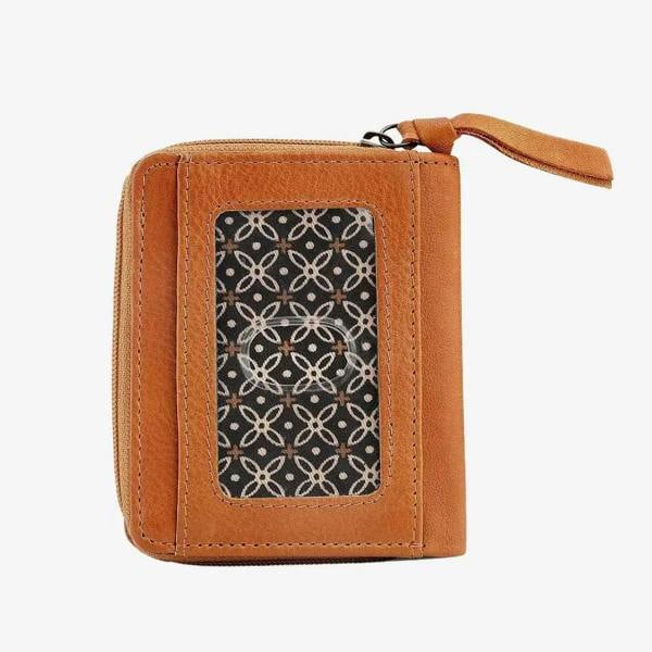 cognac wallet with a patterned flap on a white background