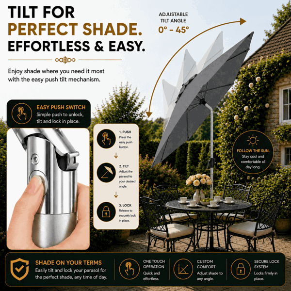 GlamHaus Tilting Garden Parasol Table Umbrella 2.7M with Crank Handle, UV40 Protection, Free Protection Cover - Dark Grey