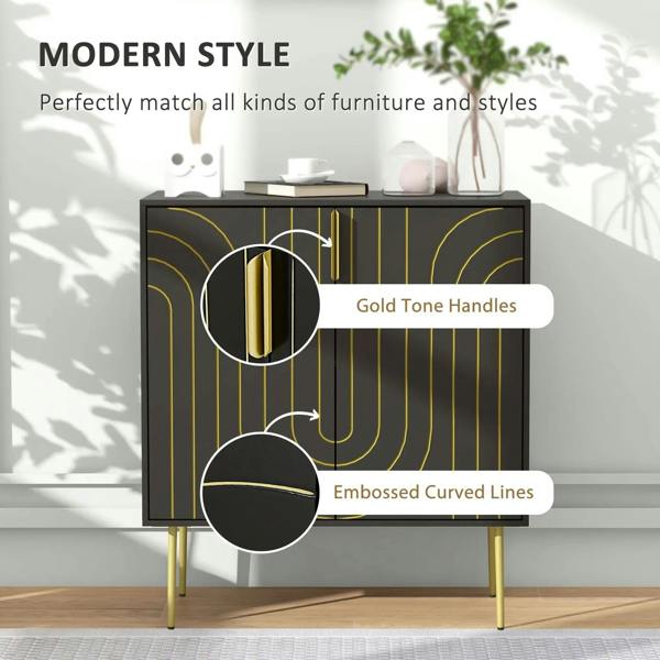 Black sideboard with gold-tone curved embossed line pattern and vertical gold tone handles