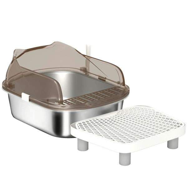 Stainless steel litter box with lid and high sides, charcoal lid, removable grate