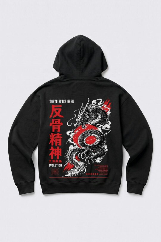 London Attitude Oversized Tokyo After Dark Graphic Hoodie in Black