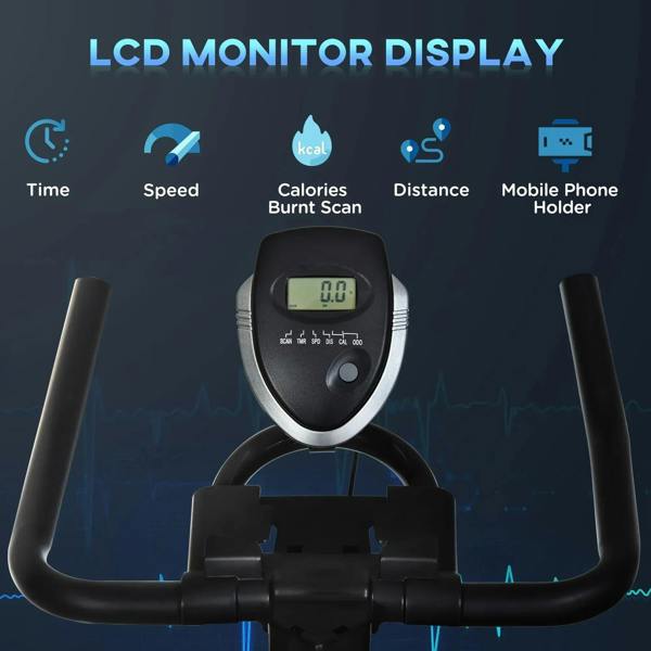 Black LCD monitor display on the stationary bike handlebar