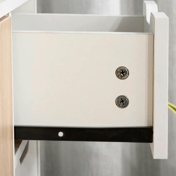 Inside white cabinet compartment with metal fasteners and storage base