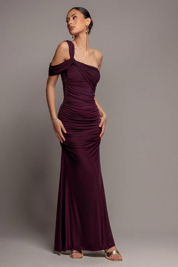One Shoulder Asymmetric Twist Maxi Dress - Burgundy DR5089
