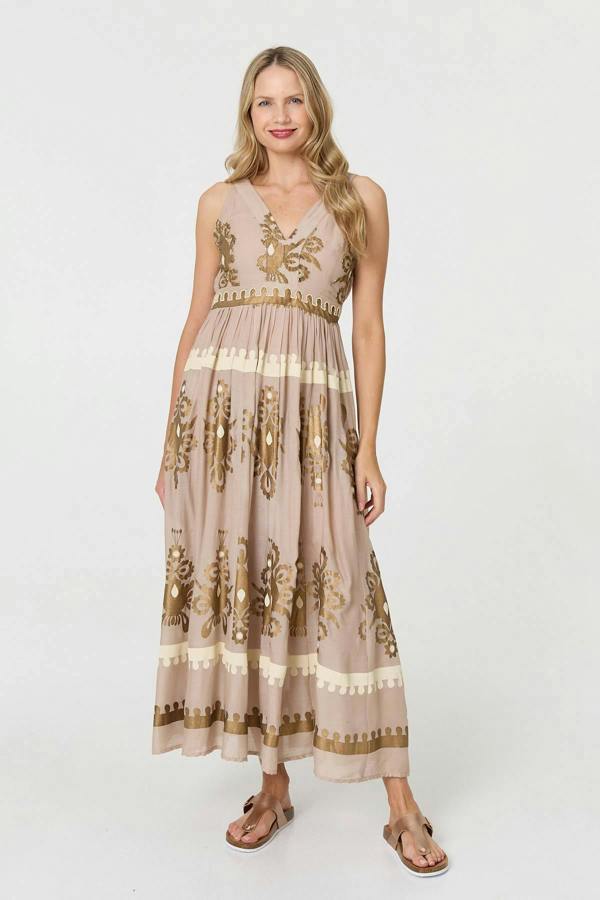 Brown | Printed Ruched Sleeveless Maxi Dress