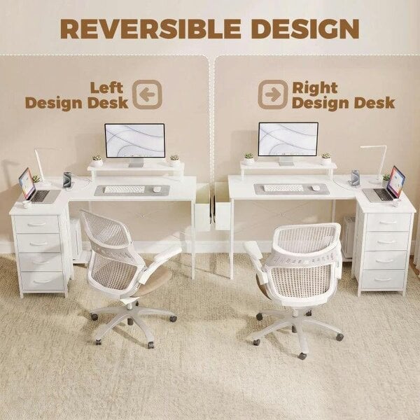 L Shaped Gaming Desk Reversible Power Outlets Corner Desk Storage Drawers Monitor Shelf 150 cm White