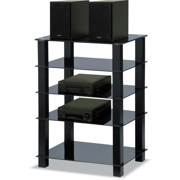 Homeology TRINITY Gloss Black 5 Shelf with Black Legs Flat Screen TV Rack Glass Stand