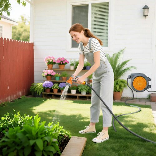 Bobobiy Retractable Hose Reel Wall Mounted, 30+2m Garden Hose Pipe Reel with Lock, 7 in 1 Spray Nozzle, 180° Swivel, 59 x 23 x 42 cm, Orange