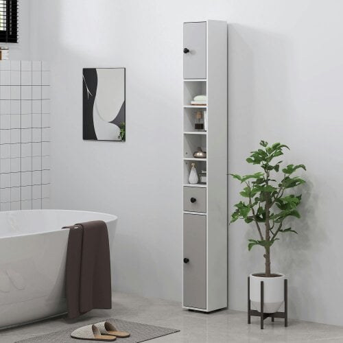 Wyld Haus Pabaha Tall Slim Bathroom Storage Cabinet With Drawers Shelves And Cupboards Light Grey