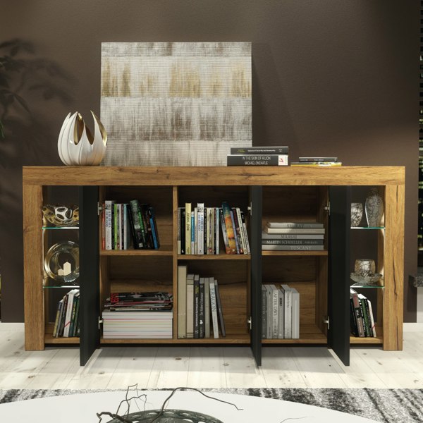 Mex Furniture Exclusive 164cm Sideboard TV Unit Oak Display Cabinet TV Stand Living Room & FREE LED