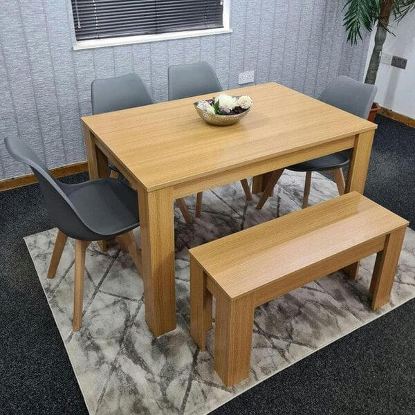KOSY KOALA 6 Seater Modern Light Wood Dining Table Set with 4 Grey Plastic Tulip Chairs and Bench H75 x L140 x W80 cm