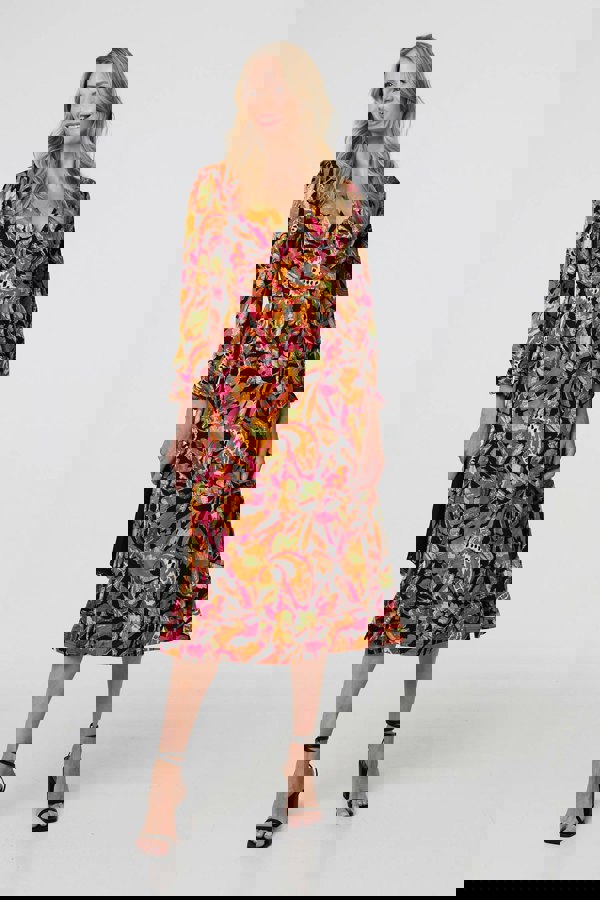 Orange | Tropical Floral Print Long Sleeve Midi Dress
