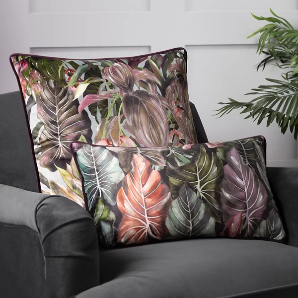 Wylder Mogori Leaf Velvet Piped Cushion Cover - Aubergine