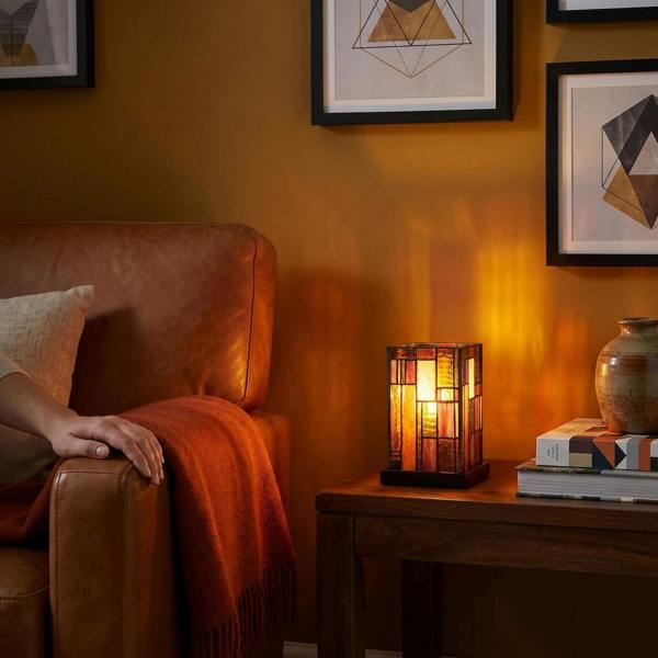 Designer Art Deco Tiffany Glass Table Lamp in Orange and Dusty Red Image 6