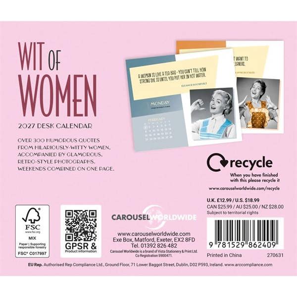 Wit Of Women Desk Calendar 2027, Desk Calendars, Day To View, Humour, Gift