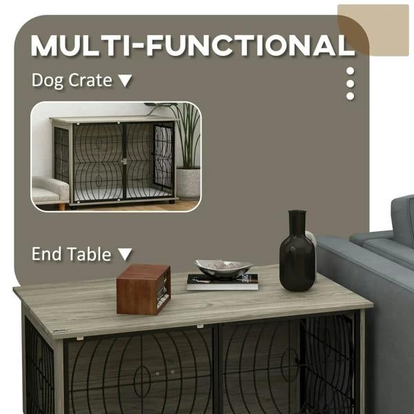 Grey dog crate end table with flat tabletop and front wire doors, multi-use design