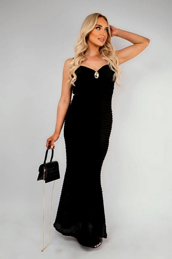 Avina Spaghetti Strap Crochet Knit Maxi Dress With Gem Detail - Black