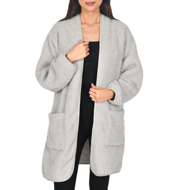Smart Living Women's Borg Bathrobe with Ribbed Placket - Grey
