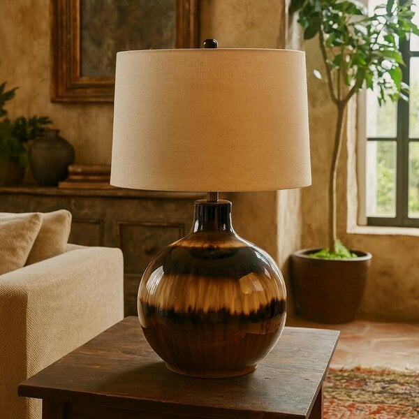 Wyld Haus Honfleur Sepia Shadows Table Lamp With Cream Linen Shade