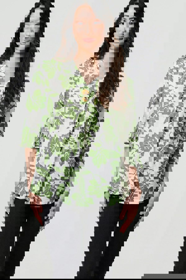 Sage | Leaf Print 3/4 Flare Sleeve Blouse
