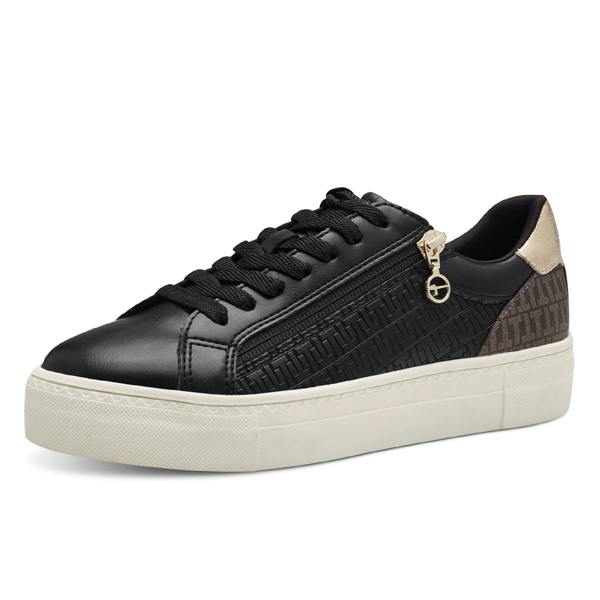 Tamaris Womens Black Gold Faux Leather Fashion Lace Up Sneakers