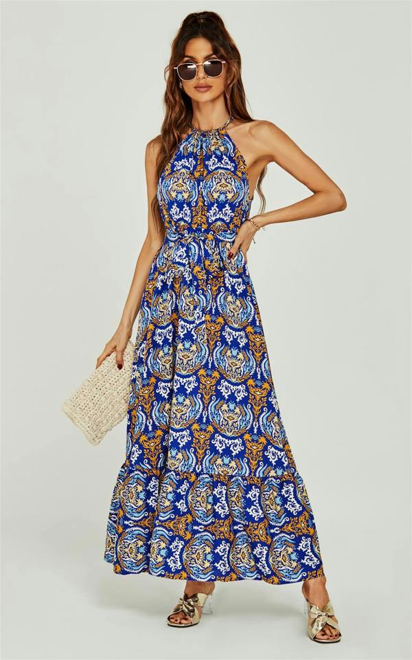 FS Collection Rose Flora Print Halterneck Tiered Maxi Dress In Royal Blue