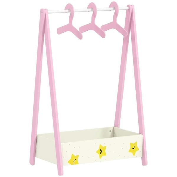 Pink kids clothing rack with three hangers and star-pattern storage shelf