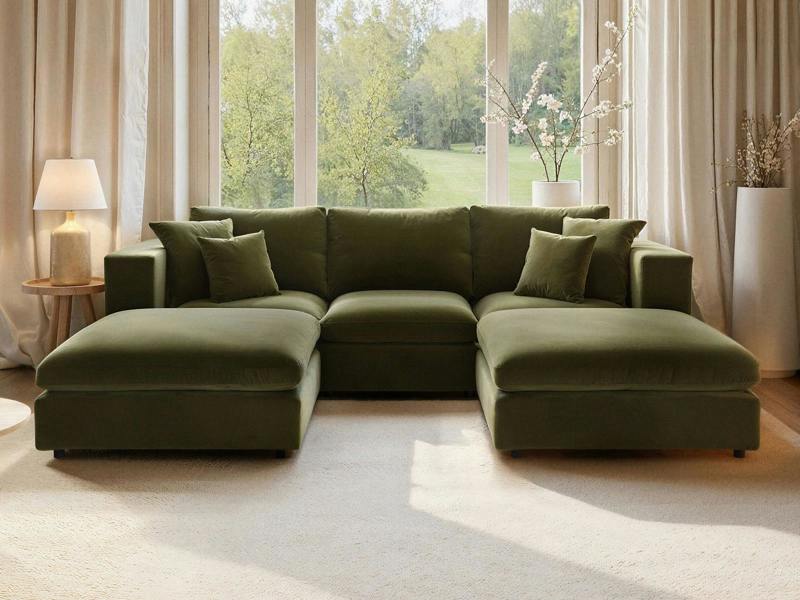 Asher U Shape Corner Sofa Bundle Khaki Green Velvet