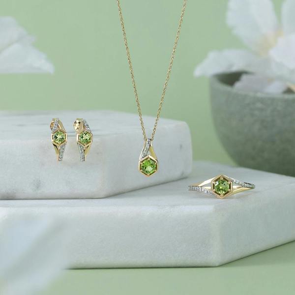 Gemondo Geometric Hexagon with Prong set Round Peridot and Diamond Ring in 9ct Yellow Gold