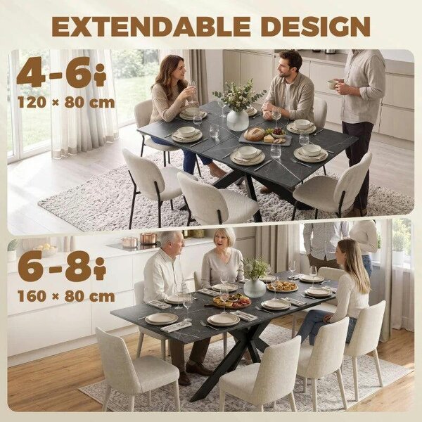 Extendable Dining Table Steel Cross Legs Steel Rails Space Saving Black