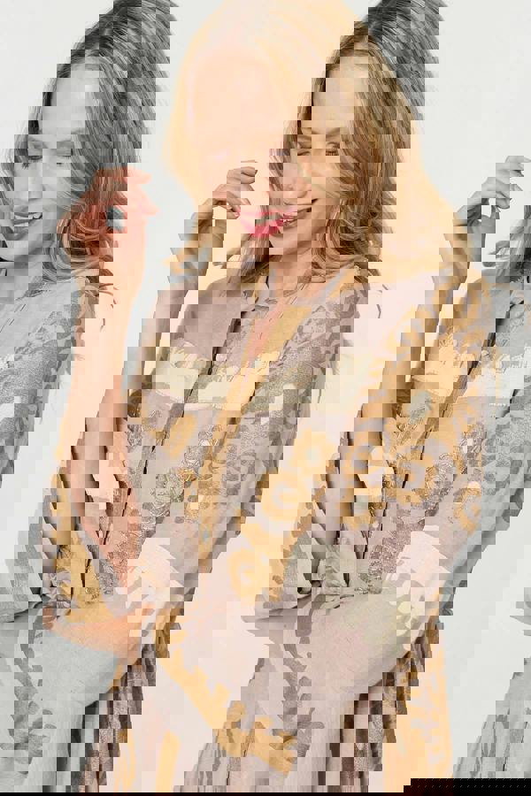 Beige | Baroque Print Long Sleeve Short Dress