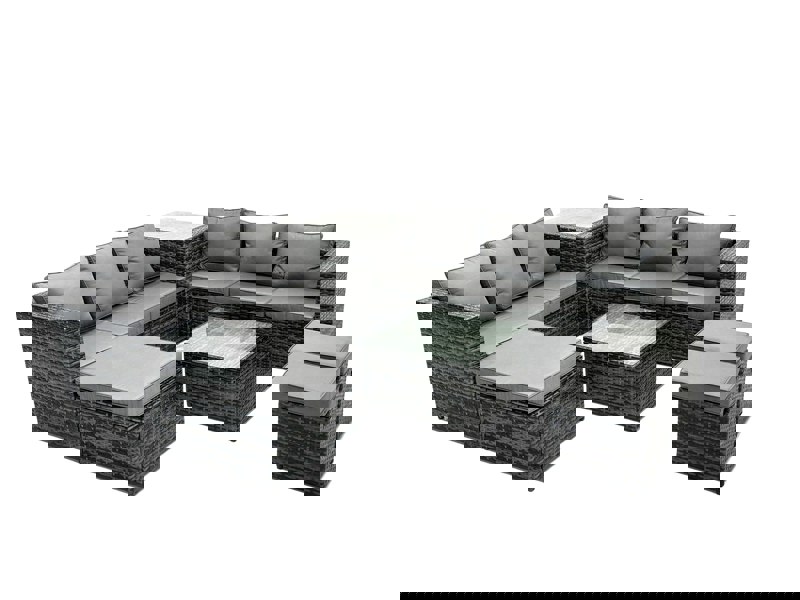 Fimous Outdoor Rattan Garden Furniture Set 9 Seater Patio Lounge Sofa Set with Square Coffee Table Side Table 3 Footstools Dark Grey Mixed