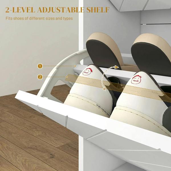 White shoe cabinet interior with two adjustable shelves for shoes, chevron base, gold accents